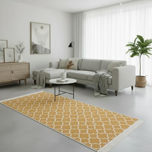 Jimri Alfombra de Pasillo - alfombras para salón, Dormitorio, Cocina, habitación Infantil, baño - Alfombra Boho Kelim - Morocco-Gold White, 60 x 180 cm