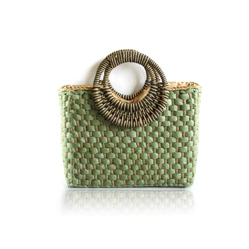 Bolso de playa retro de paja para mujer con asa redonda verde miniatura 1