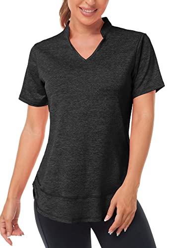 Absttith Women's Short Sleeve Workout Shirts Yoga Gym Tops Quick Dry V Neck Sport T-Shirt Activewear Black X-Large #TOP26