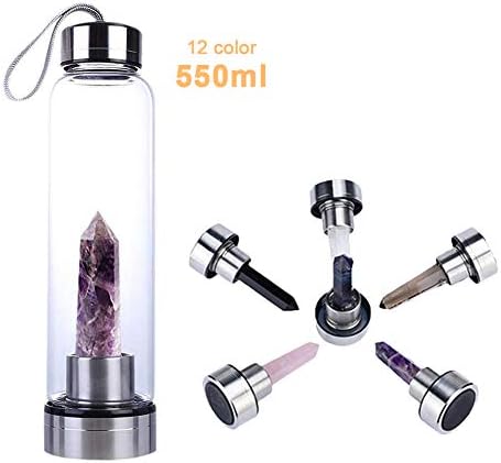 Natural Crystal Glass Water Bottle, Water Bottle with Gemstone Center Crystal Elixir Bottle with Natural Crystal Point Healing Obelisk Handheld Glass Energy Bottle (Dreamy Amethyst)