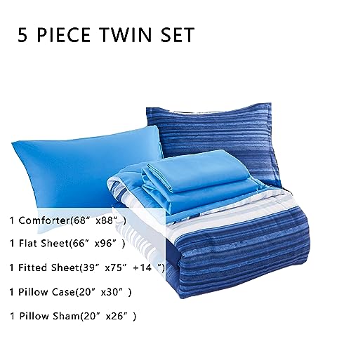 Image of KAKIJUMN 5 Piece Bed in a Bag Stripe Comforter Set Twin Size, White and Blue Patchwork Striped Comforter and Sheet Set, All Season Soft Microfiber Complete Bedding Sets(Blue,Twin)