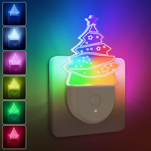 Color Changing Night Light Plug-in for Kids, 2 Pack Christmas Night Lights 6-Color RGB LED Night Light with Dusk to Dawn Sensor for Hallway Bedroom Decor, Xmas Gift