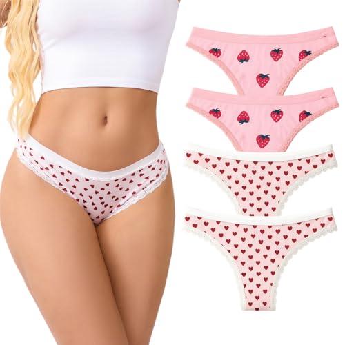 TenderTouch Women's Heart & Strawberry Print Thong Panties 4-Pack, Sweet & Cute Underwear for...