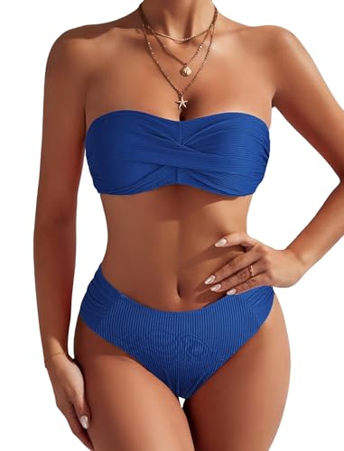 ZAFUL Women's Strapless Twist Bandeau Bikini 2 Piece Swimwear Cheeky Solid Lace up Bathing Suits