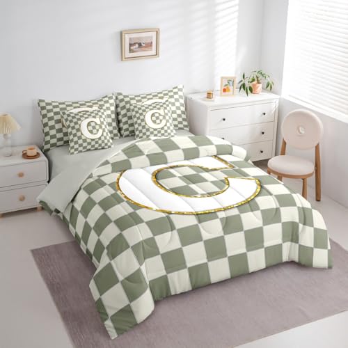 Image of Erosebridal Sage Green Checkered Queen Bedding Set 7 Piece Plaid Initial C Bed in A Bag with Sheets Personalized Monogram Comforter Set for Kids Adults,Fashion Grids Gingham Bed Sets
