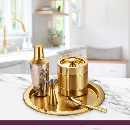 Image of Sanjeev Kapoor Stainless Steel 5pcs Bar Tool Set-1 Bar Tray - 16 inch,1 Cocktail Shaker - 33oz /1000 ml,1 Ice Bucket - 1.5 L Double Wall,1 Ice Scoop - Hollow Handle &1 Peg Measure - 30 /60 ml(Gold)