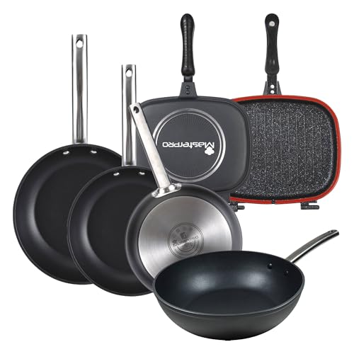 Juego de 3 Sartenes Ø24Ø28Ø30cm + Wok Ø28cm + Sartén doble 30x24cm en Aluminio aptas para inducción color Negro FOODIES MasterPRO