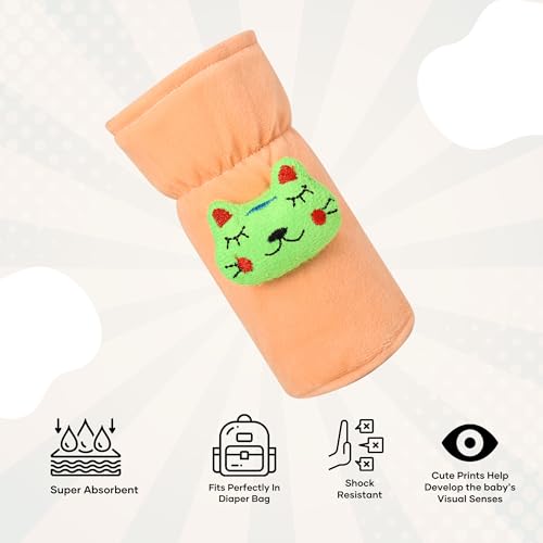 Image of Soft Plush Stretchable Baby Feeding Bottle Cover Easy to Hold Strap with Cute Animated Cartoon| Suitable for 60-125 Ml Feeding Bottle (Peach-Light Blue)