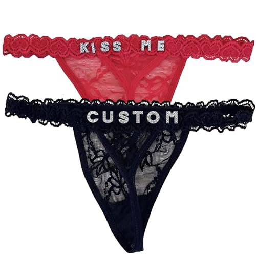 2-Pack Personalized Thongs with Names,Custom Thongs with Name On It,Customized Lace Underwear Panties with Rhinestone Shiny Letter Name for Women Girlfriend, custom lingerie with names,Valentines Day