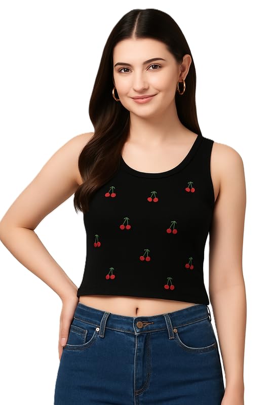 style prezone Women’s Cherry Print Crop Tank Top | Sleeveless Ribbed Camisole for Summer | Stretchable Fitted Cotton Blend Crop Vest for Casual, Gym Outfits-picture-17