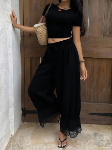 Image of UAURORAO Women Lace Trim Bloomer Pants Flowy Culottes Pantaloons Bloomers