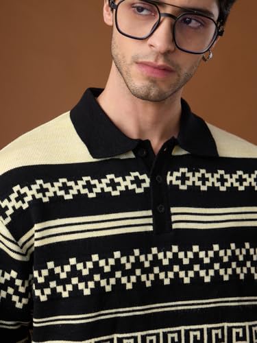 Image of The Souled Store Nomad: Old World Men and Boys Short Sleeve Spread Collar Black and Beige Geometric Print Acrylic Oversized Polos