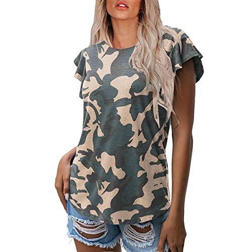 T-shirt pour femme à manches courtes avec imprimé camouflage en V - Décontracté - Couleur unie - Haut basique avec volants - Sweat-shirt pour femmes et filles, Vert armée., XL
