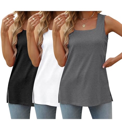 3 Pack Plus Size Tank Tops for Women Square Neck Comfortable Summer Spring Fashion Dressy Tunic Classic Cute Blouses Spring Tops Black White Darkgrey XXL