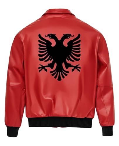 Men's Drakes Albanian Flag Albania Red Genuine Leather Motorcycle Biker Bomber Jacket