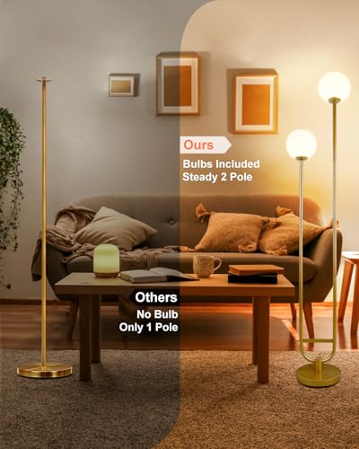 Image of 63IN Dimmable Floor Lamp with Shelf, Unique Globe Gold Tall Standing Lamps with 2 Bulbs, 3000K Warmwhite Mid Century Modern Floor Lamp with 5Lbs Heavy Base for Living Room /Bedroom