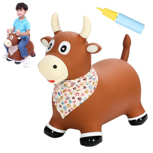 Image of INPANY Bouncy Bull Farm Animal Hopping Toys for 1 2 Year Old Boy Gifts, Ride on Toddler Brown Cow Hopper, Kids Inflatable Jumping Horse, Outdoor Indoor Rubber Bouncer for 3 4 Yr Girl Birthday