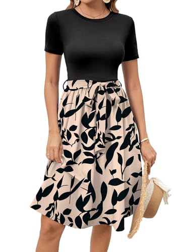 Image of Women's Elegant Vintage Round Neck Short Sleeve Summer Casual Work Party A-Line Dress with Belt 809