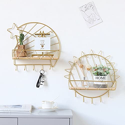 Iron Wall Mounted Storage Shelves,Floating Wall Shelves,Wall Moon Heart Hanging Rack Decorative Display Rack For Living Room Bedroom Kitchen Bathroom (Sun) #TOP4