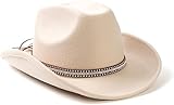 Yuedefly Fashion Wide Brim Teardrop Crown Felt Western Cowboy Cowgirl Hat for Women Men,Western Cowboy Outdoor Fedora Hats with Silver Studs Leather Hat Band(Beige)
