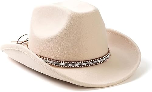 Yuedefly Chapéu de cowboy ocidental de aba larga com coroa de lágrima para mulheres e homens, chapéus de cowboy ocidental para exteriores com tachas prateadas, faixa de couro (bege),, Bege, Tamanho