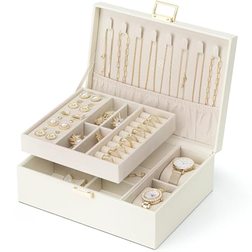 Vlando Jewellery Box, 2 Layer Jewellery Organiser with Watch Pillow, Jewellery Storage Case for Necklace,Bracelets, Earring Storage Organiser, Gift for Women,White B.white-watch Pillow