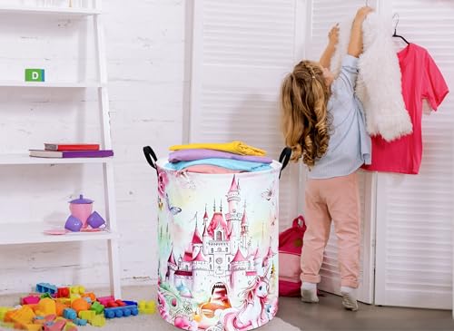 Image of Round Castle Pattern Laundry Hamper Clothes Storage Basket Fabric Storage Hamper Organization Storage Bin, Nursery Box,Gift Basket with Handles