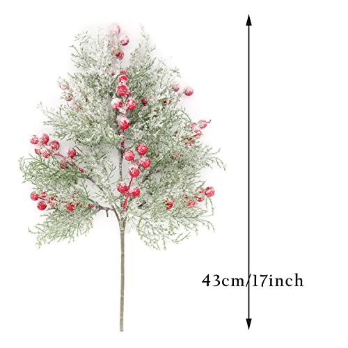 Christmas Flocking Tree Picks And Sprays, 2Pcs 16 Inch Artificial Pine Branches With Red Berries Frosted Snow Fake Greenery Berry Stem For Winter Christmas Decor Holiday Floral Arrangement (2, Red) #TOP1