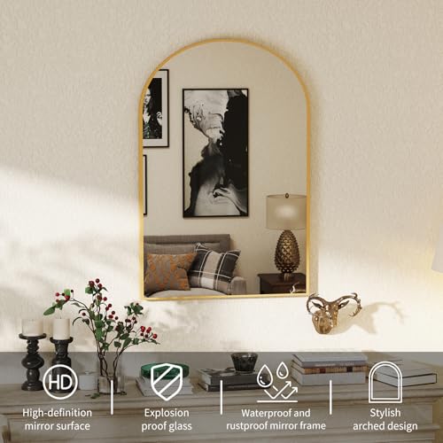 Image of DUMOS Gold Metal Arch Vanity Rounded Rectangle Bathroom Mirrors for Over Sink Wall, 24x37 Inch Large Matte Mirror, Modern Decorative for Restroom, Farmhouse