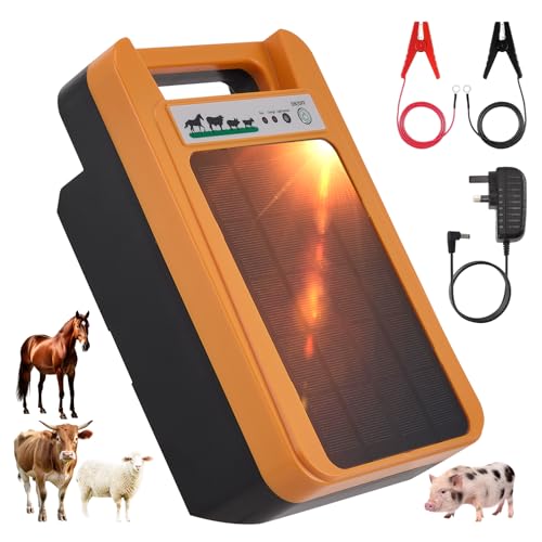 Solar Electric Fence Charger - 0.2J 10 Miles/30 Acres Efficient Energizer Panel Lithium Battery 3W Solar Panel and 10400mAh Rechargeable Battery for Livestock Containment & Predator Control