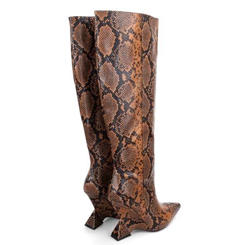Kluolandi Womens Knee High Boots Sexy Pointed Toe Pull On Strange Wedge Heel Tall Boots for Women4
