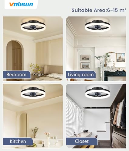Image of VOLISUN 13 inch Small Ceiling Fans with Lights and Remote, Low Profile Ceiling Fans with Light, 3000K-6500K Dimmable LED Ceiling Light Flush Mount, Bladeless Fandelier Ceiling Fan (Black)