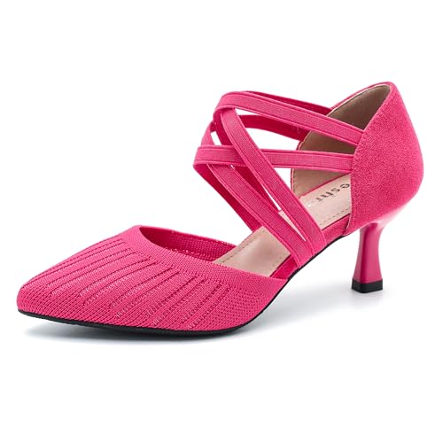 Women's Low Kitten Heels Knit Pumps Elastic Crisscross Ankle Strap Slip On Dress Shoes