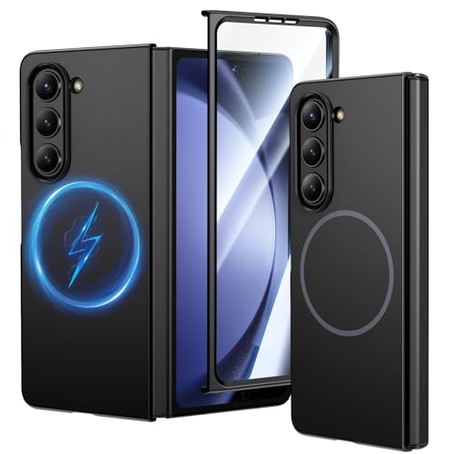 HWeggo für Samsung Galaxy Z Fold 5 Hülle [Kompatibel mit MagSafe] Ultradünne Handyhülle mit Eingebautem Bildschirmschutz Matte Stoßfest Hülle für Galaxy Z Fold 5 Schwarz