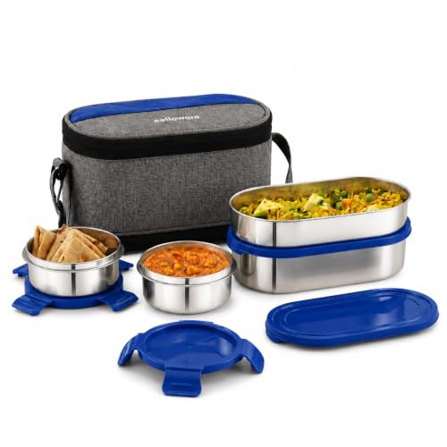 Image of CELLO MF Senator Set of 4 Stainless Steel Lunch Box with Extendable Zipper Bag, Blue | 300ml, 300ml, 500ml Containers, 750ml Oval Container with Spoon & Fork, Leakproof Airtight Tiffin Set for Office