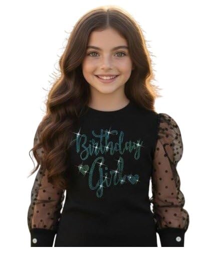 Girls Birthday Print Top with Puff Sleeves | Cute Printed Cotton Blend Party Top for Kids Black 11-12 Years-image-40