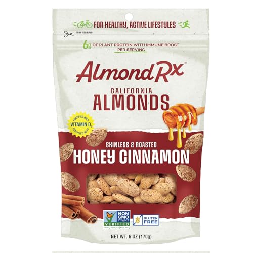Image of AlmondRx | Heart Healthy Skinless Lightly Salted California Almond Snack Packs | Fortified with Vitamin D | Plant Protein | Keto | Vegan | No Sugar Added (6 Ounce (Pack of 1), Honey Cinnamon)