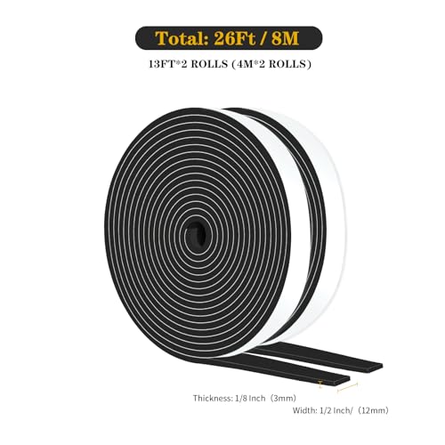 Image of Weather Stripping,High Density CR,Strong Adhesive,1 /2 in x 1 /8 in x 26Ft | Weather Stripping Door Seal Stripping,Lightproof, Soundproof Foam,Door Seal Strip for Door,Window Frame,Sliding Door,Black