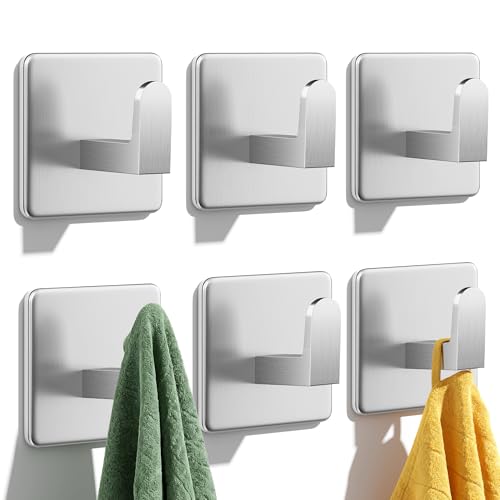 Auxmir Handtuchhaken ohne Bohren, 6 Stück, Handtuchhalter aus Edelstahl Selbstklebend, Besonders Hohe Tragfähigkeit, Funktionale Starke Klebehaken für Bad, Toilette, Küche