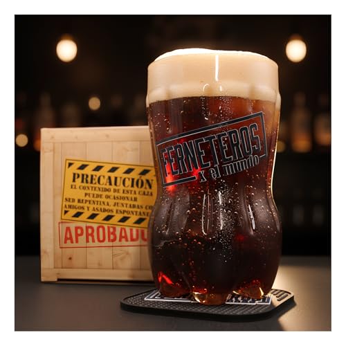 Vaso de Vidrio para Fernet con Forma de Botella Cortada en Caja Decorativa - Capacidad 700cc - Incluye Posavasos