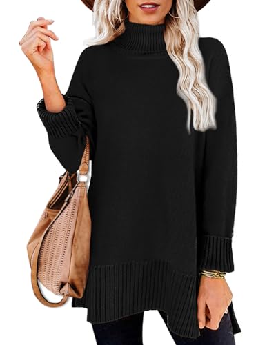 Aokosor Turtle Neck Jumpers for Women UK Ladies Ribbed Sweater Split Tops Black Size 6-8