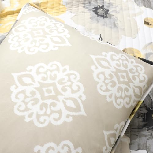 Image of Lush Decor Leah Reversible Floral Quilt Set, 8 Piece Set, Full / Queen, Yellow & Gray - Charming Floral Bedding Set With Pillow Cases, Decorative Throw Pillows & Bed Skirt- Large Watercolor Flowers