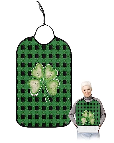 St. Patrick's Day Adult Bibs for Eating, Waterproof Bibs with Food Catcher & Adjustable Snap Closure, Green and Black Checkered Lucky Four Leaf Clover Clothing Protectors Adult Bibs for Elderly
