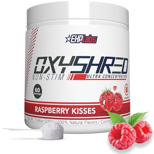 EHP LABS OxyShred Non Stimulant Pre Workout Powder - Stim Free Caffeine Free Preworkout for Men & Women - Non Stim Preworkout - Sugar Free Energy Powder - Raspberry 60 Servings