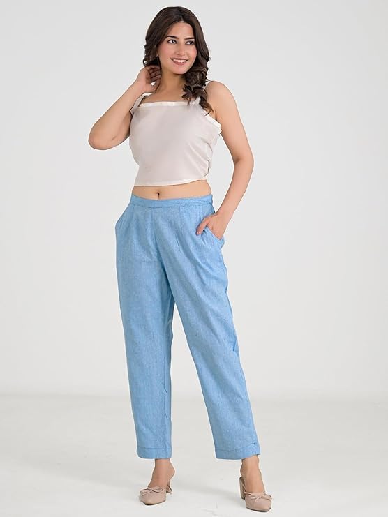 Image of Women's Solid Straight Fit Cotton Trousers | Slim Fit | Trousers for Women | Casual & Office Wear Bottom for Daily