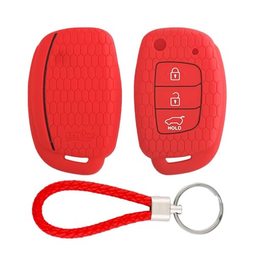 Image of Keycare Silicone Key Cover Compatible for Venue, Aura, Elite i20, Active i20, Xcent 3 Button flip Key with KC Mini Red Keyring (KC10 Red with KCMiniKeyring)