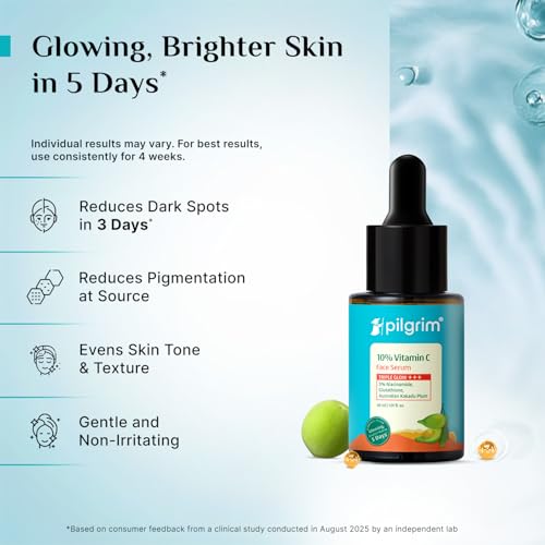 Image of Pilgrim 10% Vitamin C Serum 30ml for Glowing Skin|With 5% Niacinamide, Hyaluronic & Glycolic Acid|Fades Dark Spots, Pigmentation|For All, Oily, Combination, Normal Skin |Beginner Friendly - Men, Women