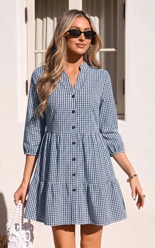 Image of CCTOO Women's Summer Dresses Casual V Neck Button Down 3 /4 Sleeve Floral Print Loose Flowy Shirt Dress
