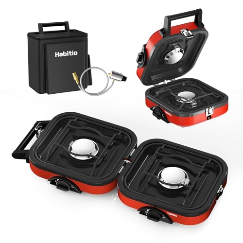 2-Burner Camping Stove Foldable, Portable Propane Camp Stove with 16000 BTU Adjustable Burners and Piezo Ignition, Folding Stove with Carry Bag & Handle for Camping, Tailgating, Backyard BBQ – Red