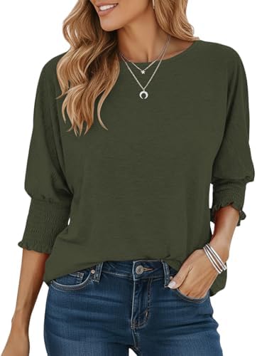 Cuptacc Tshirt Damen 3/4 Ärmel Rundhals Casual Basic Lose Langarmshirt | Gesmokt Stulpe,Dreiviertelarm,Dehnbar,Gestricktes,Mode,Komfort,Weich,Klassisch,Elegante,Bluse,Herbst
